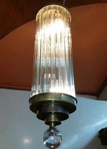 VINTAGE ART DECO SKYSCRAPER BRASS & GLASS CEILING FIXTURE CHANDELIER LIGHT LAMP - Picture 1 of 4