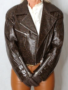 Womens Patent Leather Biker Jacket Brown S Black Animal Print Motorcycle DROMe - Picture 1 of 19