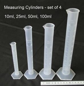 Measuring Cylinder set of 4 - 10ml 25ml 50ml 100ml  Polypropylene NEW Plastic