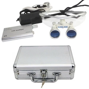 Dental Loupes Surgical Binocular glasses 3.5x 420mm LED Head Light lamp w// Case - Picture 1 of 9