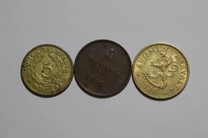 🧭 🇫🇮 FINLAND 5 MARKKA 1946 + 5 PENNIA 1916 RUSSIA OCCUPATION B53 #258 WT36 - Picture 1 of 2