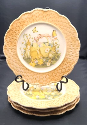 Cracker Barrel Susan Winget Bunny Rabbit Easter Spring Basket Plates 10" Set 4 - Image 1 of 4