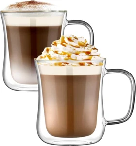 Double Walled Clear Glass Coffee Mugs, 11.8 Oz Insulated Set of 2 - Picture 1 of 12