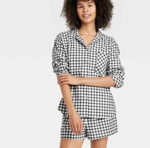 Set Pigiama Auden Nero-Bianco Check Cotone Flanella Bottoni/Shorts Tg Lg - Foto 1 di 7