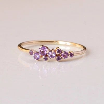 Natural Amethyst Cluster Ring, Solid 14k Yellow Gold Birthday Gift For Woman - Image 1 of 4