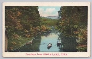 Bootsszene Grüße vom Sturmsee Iowa um 1930 Postkarte - Bild 1 von 2