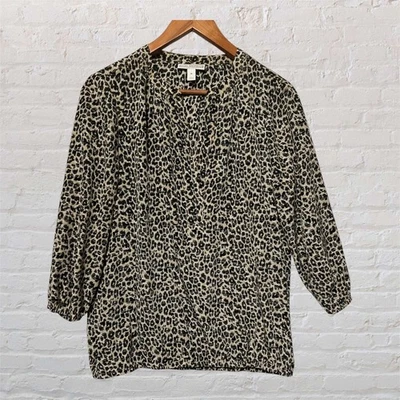 Blusa Dana Buchman Estampado Leopardo Manga 3/4 Cuello en V Estampado Animal Top Mediana Foto 1 de 4