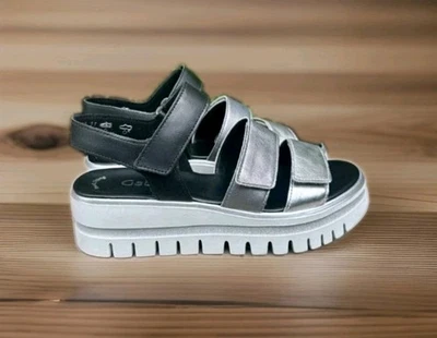Sandalias de plataforma Gabor tres correas gris/negro/plateado Reino Unido 4,5/Estados Unidos 7 hechas en Alemania Foto 1 de 4