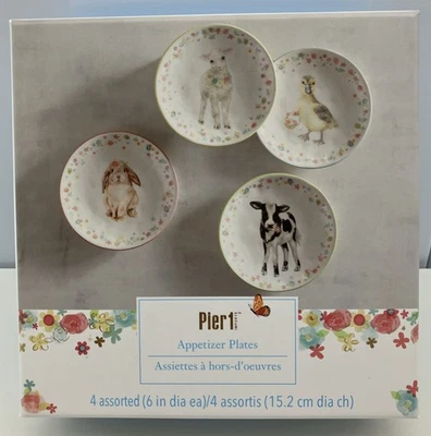 Pier 1 Spring Appetizer Plates Set of 4 Animals Duck Cow Lamb Bunny 6" Diameter - Image 1 of 4