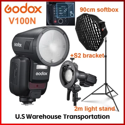 US Godox V100N 100W 2.4G Flash TTL HSS Speedlight, soporte S2 90 cm softbox + soporte Foto 1 de 4