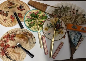 Antique Vintage Fan Lot Of 7 Hand Personal Hand Painted Japanese Paper Wood - Picture 1 of 8