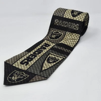 Oakland Raiders Tie Mens Black Silver Plaid Silk NFL Football Necktie Checkered - Image 1 of 4