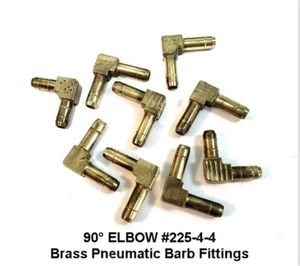 Pneumatic 90° ELBOW #225-4-4 Brass Barb Fittings for 1/4 in. O.D. Polymer Tubing - Picture 1 of 3
