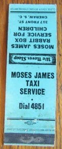 TAXI CAB MATCHBOOK COVER: MOSES JAMES TAXI 50er MATCHCOVER (CHERAW, SC) -D24 - Bild 1 von 2