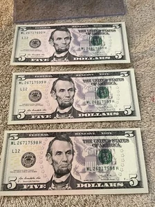 3 - $5 Dollar Federal Reserve Notes Consecutive Serial Numbers Uncirculated  64 - Picture 1 of 13