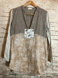 CP SHADES Tunic Top Womens XS Linen Long Line Neutral Mixed Print Artsy Beachy - Picture 1 of 15