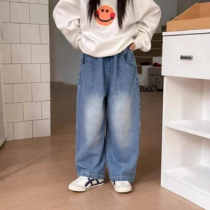 Children Jeans 2025 Spring Children Denim Wide-leg Pants Boys and Girls Neutral - Picture 1 of 12