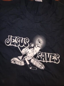 Jesus Saves BLUE Hockey Adult T-shirt - Picture 1 of 1