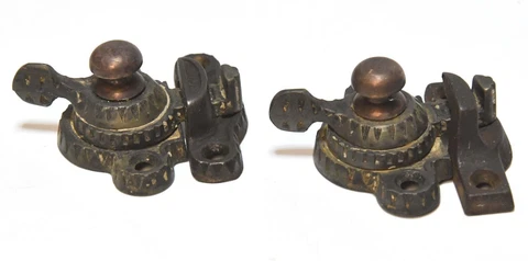 2 MATCHING VINTAGE EASTLAKE STYLE WINDOWS SASH LOCK COMPLETE WITH KEEPERS Cover