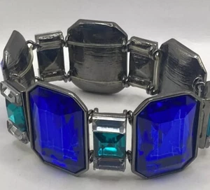 Grobes Armband Blau Acryl Fassung Stretch Geometrisch Silberfarben Dick - Bild 1 von 8