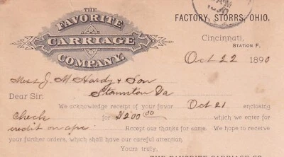 OHIO CINCINNATI FAVORITE CARRIAGE COMPANY 1890 POSTAL CARD DEPOSIT FOR CARRIAGE - Image 1 of 2