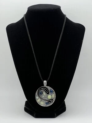 Lia Sophia “Odyssey” Blue Green Rhinestones Silver Tone Pendant Black Necklace - Image 1 of 4