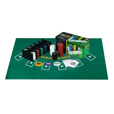 200 Poker Game Texas Hold'em Set Gaming Mat Chips 2 Decks Playing Card With Box - Image 1 of 4