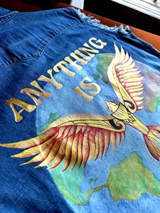 OOAK , custom made Denim Jacket, Hand painted fire phenix bird Jean - Picture 1 of 3