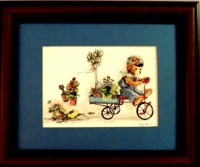 TEDDY BEAR ON BICYCLE COUNTRY PICTURE FLOWERS PEGGY ABRAMS FRAMED 8X10 - Image 1 of 2