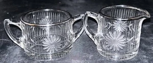 Vintage Glass Creamer and Open Sugar Bowl with Etched Daisy Flower Silver Trim - Picture 1 of 6