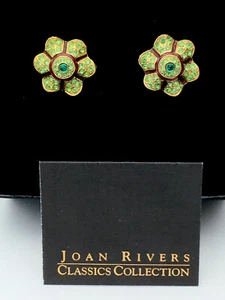 Signed Joan Rivers Vintage Peridot Crystal Enamel Clip Earrings - Picture 1 of 2