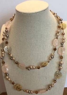 NUEVO CON ETIQUETAS Cookie Lee Genuino Concha Añadida Cuentas Rosa/Champán/Ámbar 36”Collar NOTA Foto 1 de 4