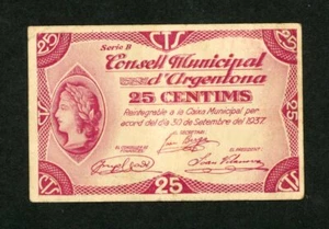 SPAIN CONCELL MUNICIPAL D`ARGENTONA 25 CENTIMES 1937 VF+. - Picture 1 of 2