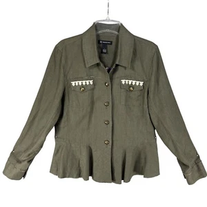 INC International Concepts Womens L Green Linen Embroidered Jacket Peplum Hem - Picture 1 of 18