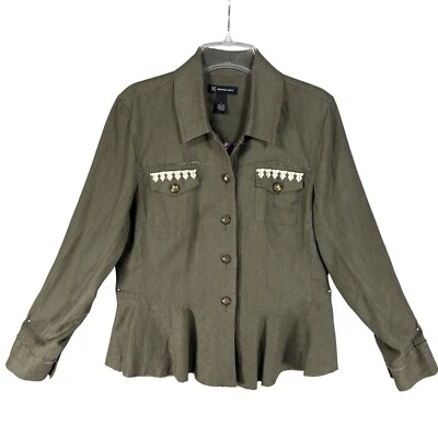 INC International Concepts Womens L Green Linen Embroidered Jacket Peplum Hem - Image 1 of 4