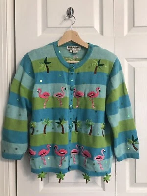 Cárdigan suéter Jack B Quick para mujer azul verde flamenco adornado lentejuelas mediano Foto 1 de 4