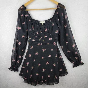 Dark Romantic Mini Dress M Line Long Sheer Sleeve Black Ruch Floral Cottagecore - Picture 1 of 9