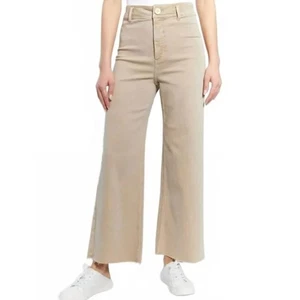 Pantalones Oat New York tiro alto pierna ancha 2/26 beige dobladillo crudo sarga elástico calce relajado - Imagen 1 de 12