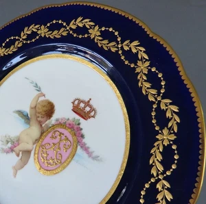 Antique MINTONS HP Porcelain Plate CHERUB Raised GILT Enamel CROWN Royal Cypher - Picture 1 of 8