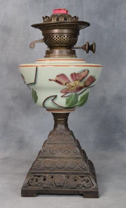 Antique Victorian Duplex Double Wick Burner Oil Lamp Green Hand Painted Font - Picture 1 of 5
