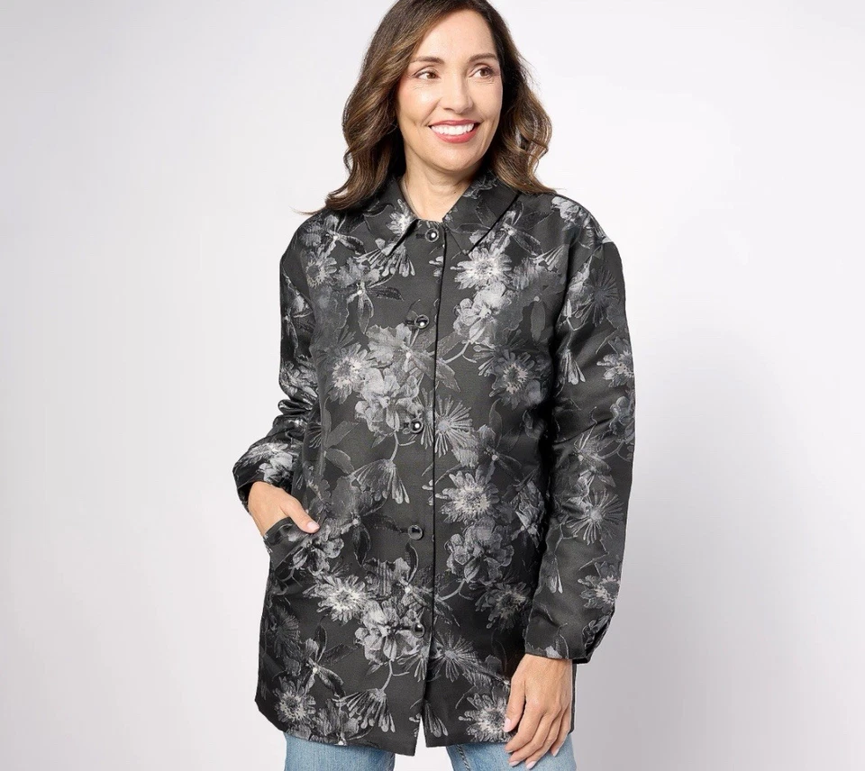 Chaqueta Isaac Mizrahi Live Tejida Floral Jacquard Forrada de Vellón Talla M Gris A620558 Foto 1 de 4