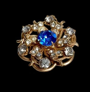 Vintage Blue & White Rhinestone Brooch Pendant Gold Tone - Picture 1 of 5