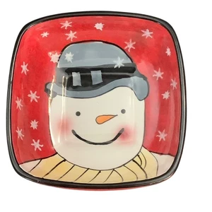 Vintage Sakura Schneemann lächelt rot quadratisch Schüssel Steingut Weihnachten Urlaub Schale - Bild 1 von 7