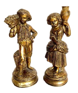 Estatuillas de niño y niña Borghese pintadas en oro de colección Hollywood Regency 9" - Imagen 1 de 10