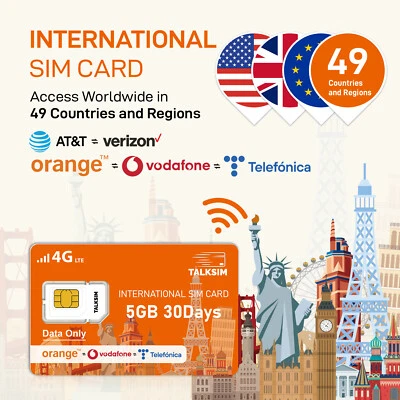 Tarjeta SIM 5G 4G LTE International Data 5GB 30Days Soporte Viajar 49 Países Foto 1 de 4