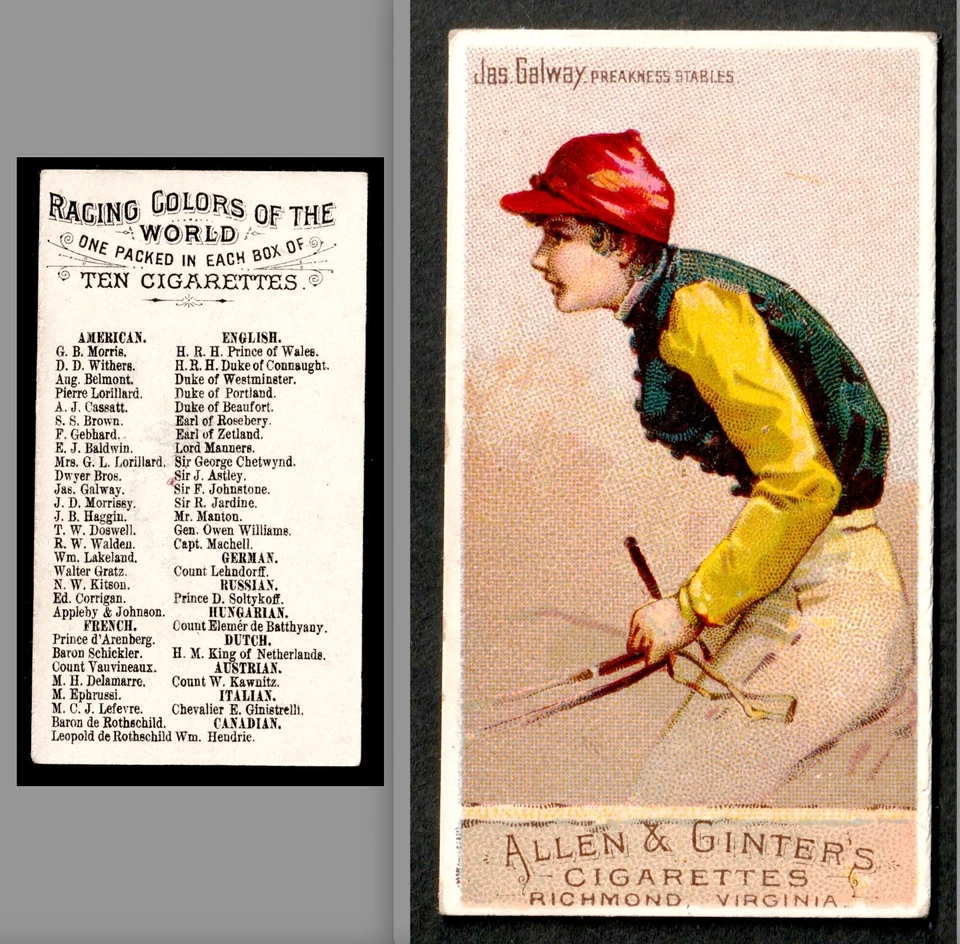 Preakness aprox. Tarjeta Allen & Ginter SR.rJas 1888 Galway Racing Colors of World N22 Foto 1 de 4