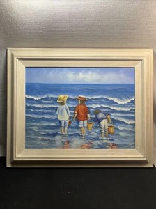 Vintage Childen Playing in the Ocean Signed R.King Oil Painting Impressionist - Picture 1 of 8