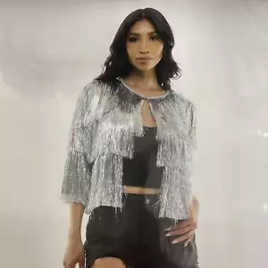 Adult L/XL Silver Tinsel Fringe Jacket - Picture 1 of 5