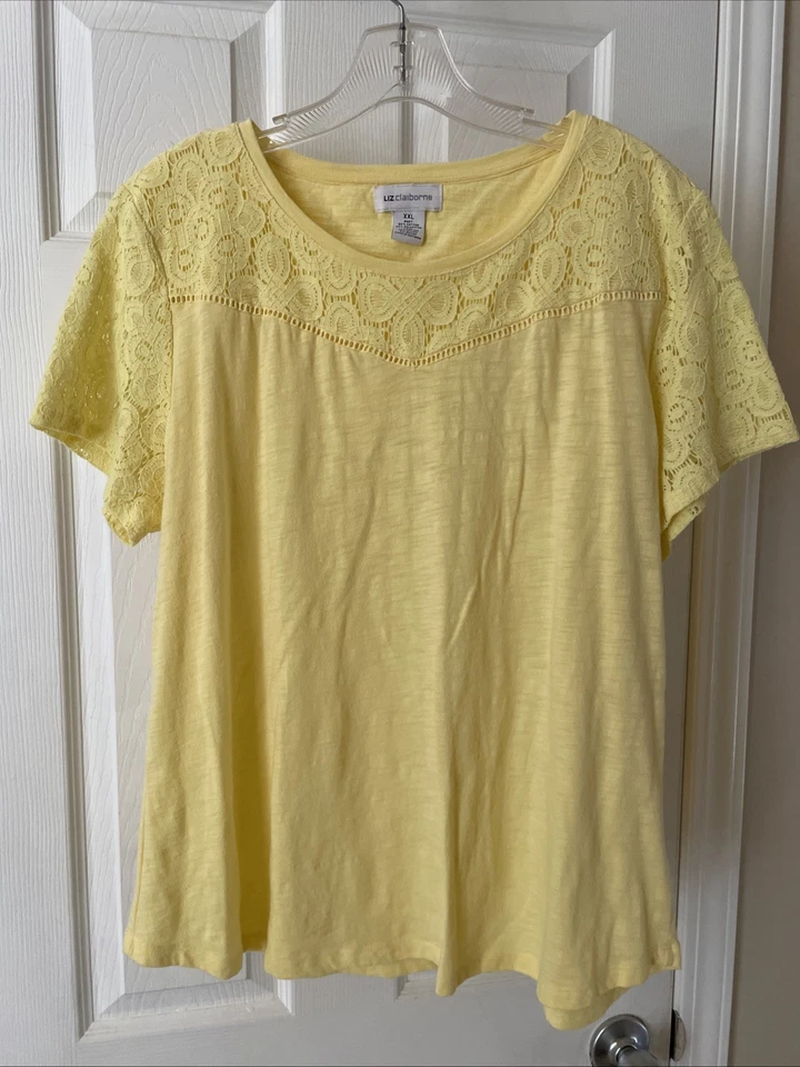 Blusa Top Liz Claiborne Mujer Talla 2XL Bonita Amarilla Manga Corta Encaje Delantero Foto 1 de 3