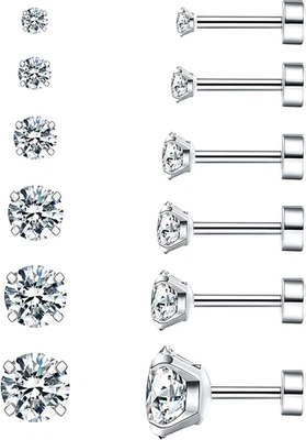 6件低过敏性立方锆石耳环手术钢平背耳钉软骨 — 第 1/4 张图片